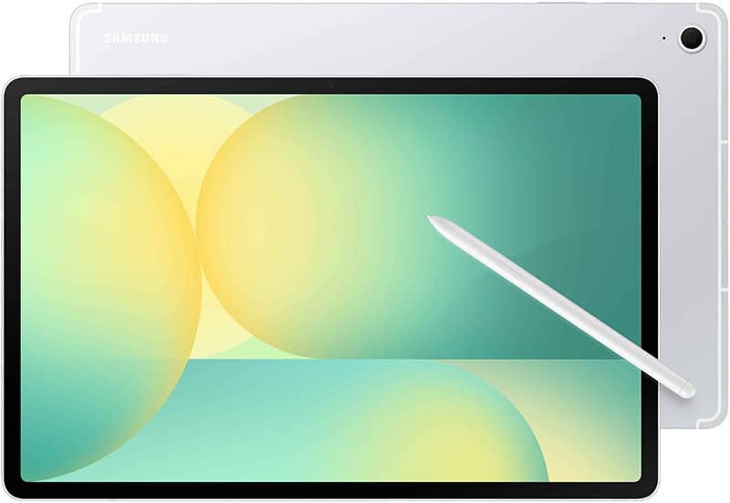 Front view of two stacked white Samsung tablets; top tablet shows screen design, bottom shows rear with visible Samsung logo.