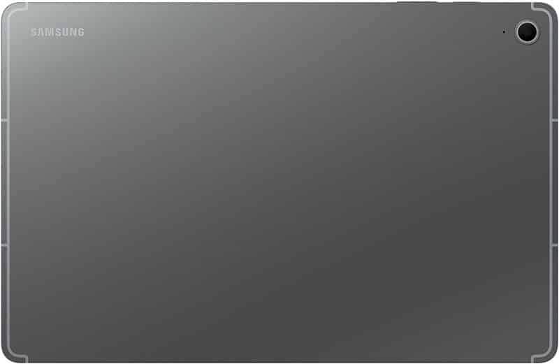 Rear view of a Samsung tablet in metallic gray, with logo on top left and single rear camera on top right.