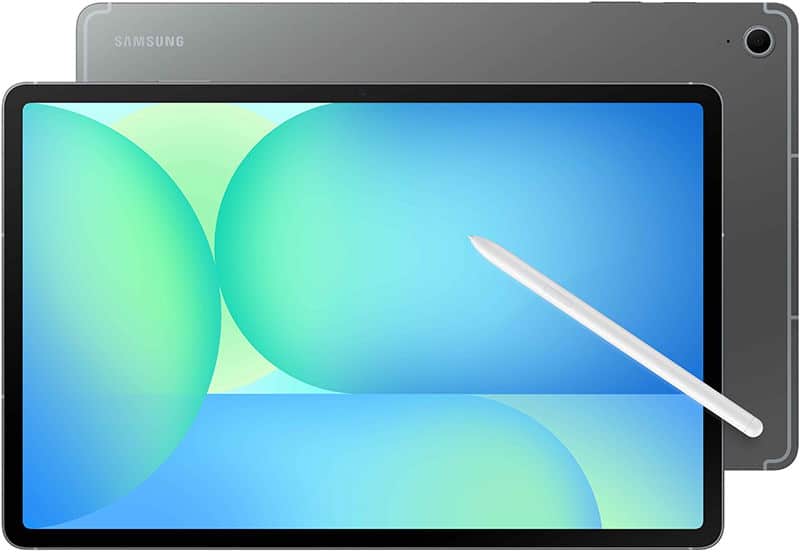 Front view of dark gray Samsung tablet with stylus, abstract green-blue display, and rear camera in top corner visible.