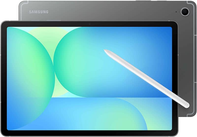 Samsung Galaxy tablet front view with blue-green display, white stylus on screen, and partial rear side visible.