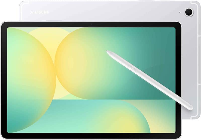 Samsung Galaxy Tab, front view, white finish, large display with abstract green and yellow wallpaper, paired with white stylus.