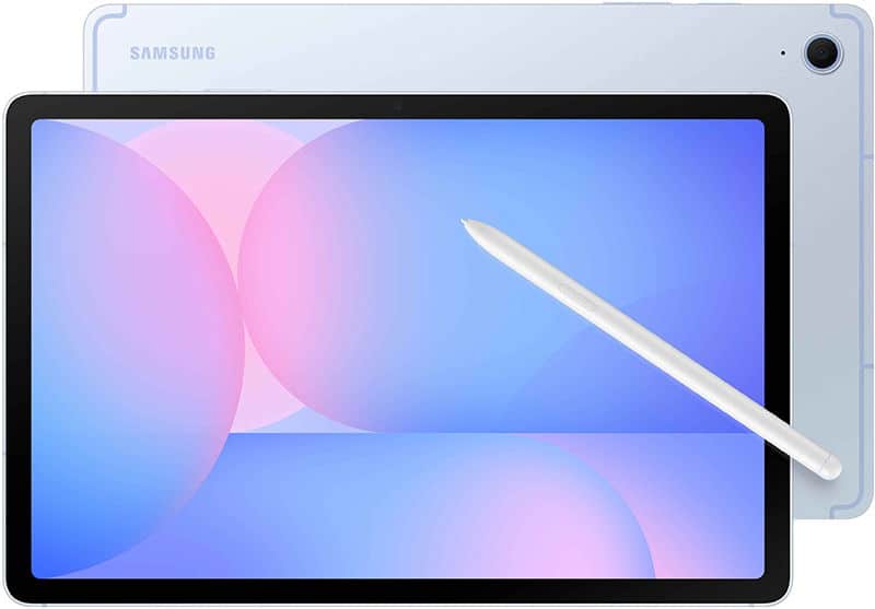 Samsung Galaxy tablet front with stylus on screen, pastel abstract display; rear side of device also visible.