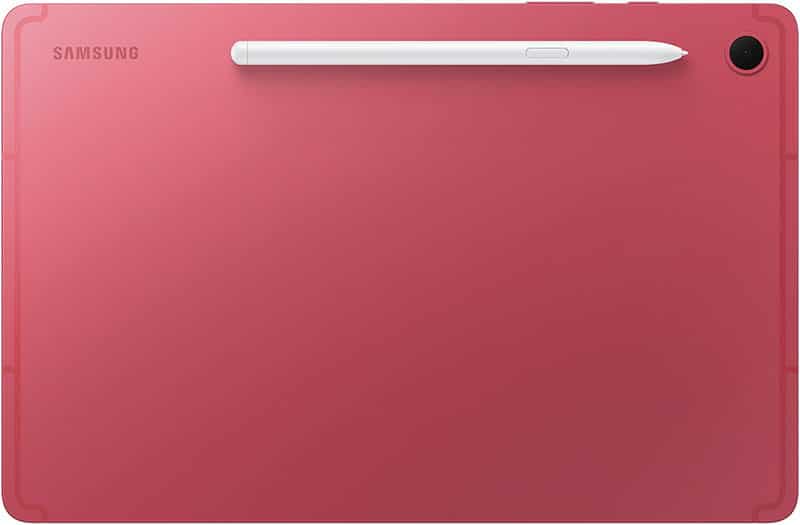 Rear view of pink Samsung tablet with white stylus attached near top and single rear camera in upper right corner.