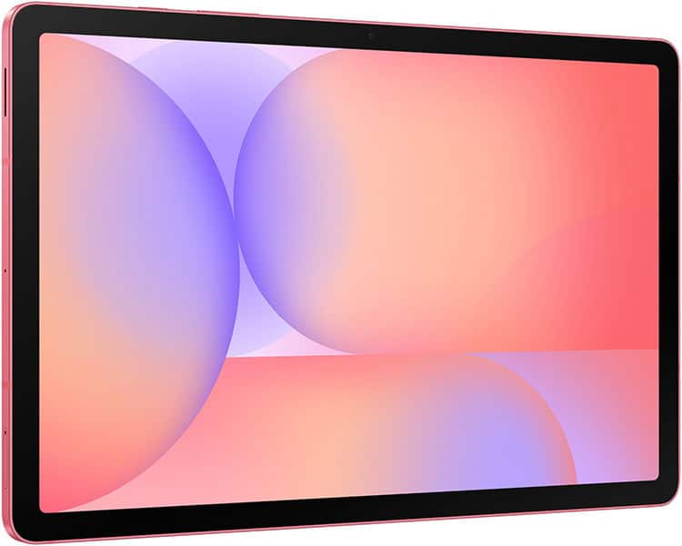 Pink-framed tablet shown from the front right angle, screen displaying abstract pink, purple, and orange circular shapes.