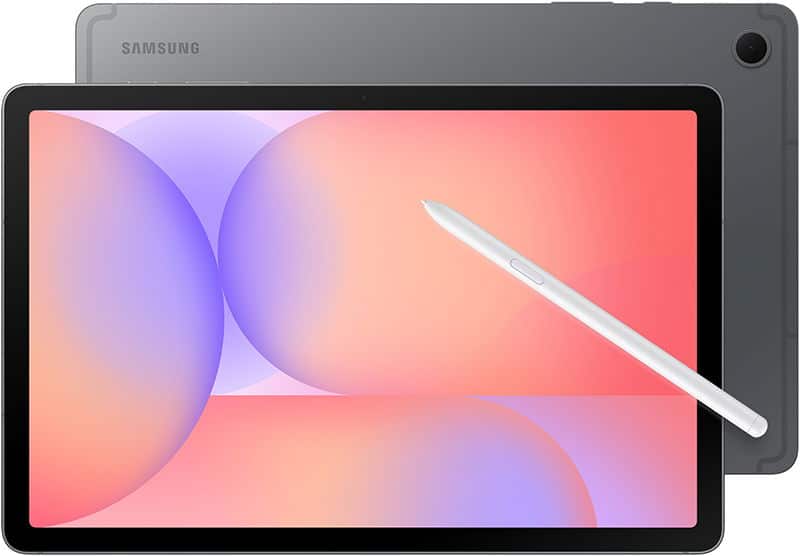 Samsung tablet front view with colorful display and stylus, next to its gray rear view for comparison.