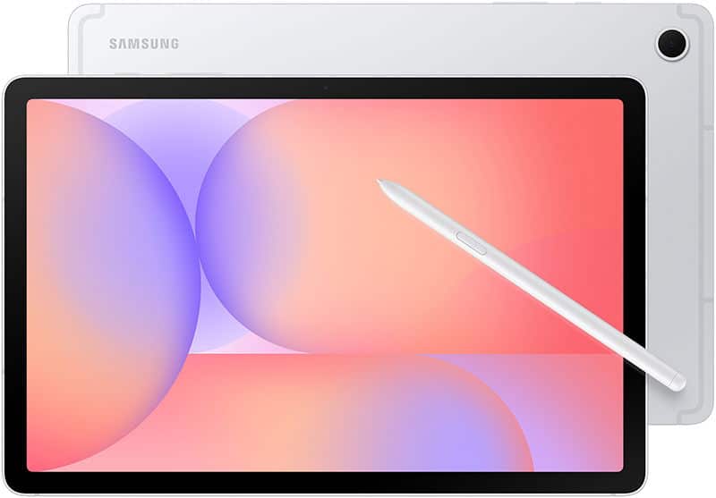 Front and partial rear view of a white Samsung tablet with colorful screen and white stylus resting diagonally across the front.