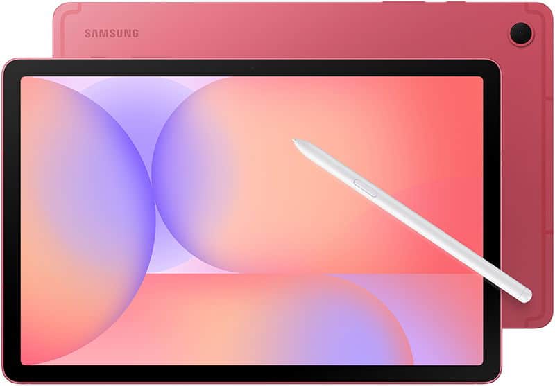 Pink Samsung tablet with stylus, shown from both front (screen on) and rear angles for comparison. Abstract display visible.