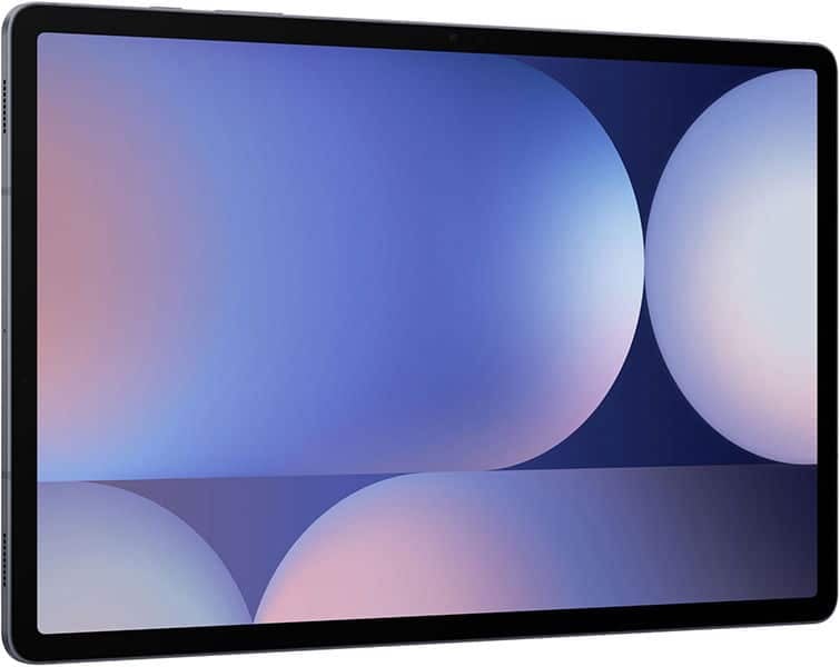 Black tablet, possibly Samsung Galaxy Tab, thin bezel, front angled view, screen shows blue-purple-pink abstract gradient wallpaper.