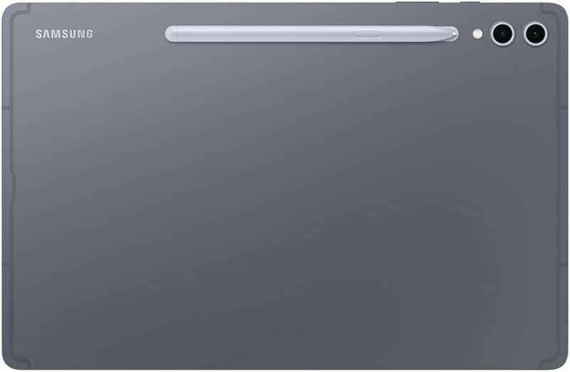Rear view of Samsung Galaxy Tab, gray finish, with silver stylus attached near the top and dual cameras in the upper right corner.