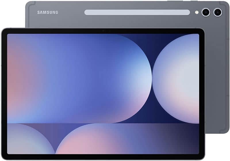 Samsung Galaxy Tab shown front and back; front has abstract blue-purple screen, back is gray with top camera and horizontal stripe.