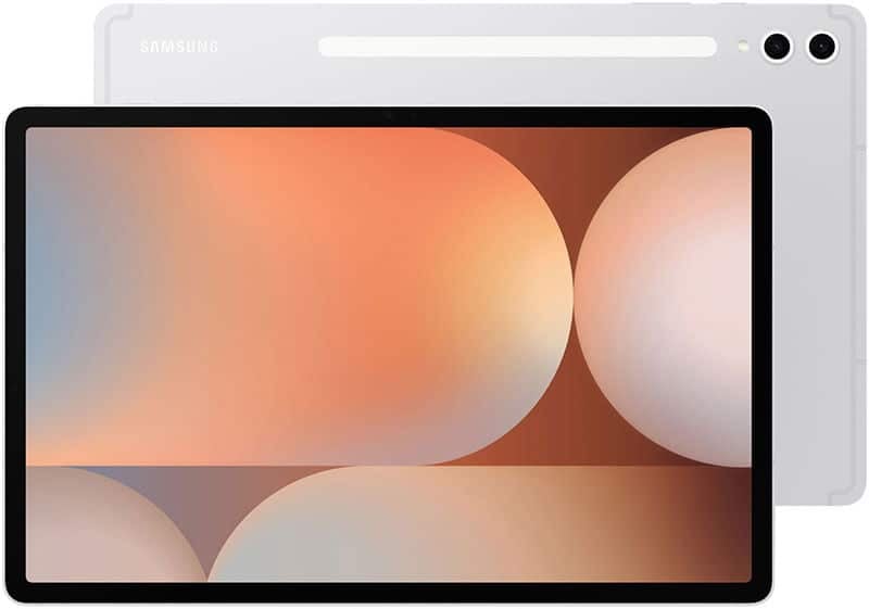 Samsung Galaxy Tab in white, front and back views; abstract warm design on screen, rear camera and top horizontal strip visible.