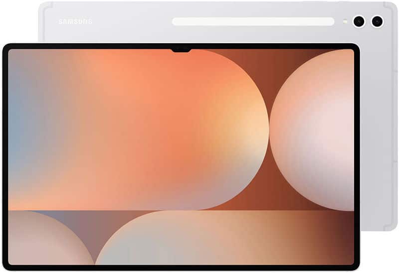 Samsung Galaxy Tab, front and back views; front shows geometric wallpaper, rear is white with camera and horizontal light strip.
