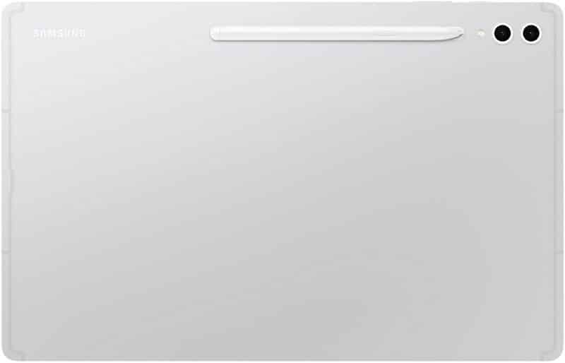 Samsung Galaxy Tab rear view; white finish, stylus docked at top, dual cameras upper right, Samsung logo upper left.