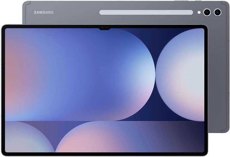 Samsung Galaxy Tab, front and rear views; display on with blue-purple shapes, gray back with dual cameras and silver accent.