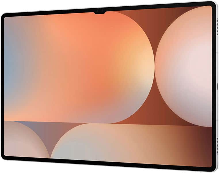 Front view of a thin tablet with slim black bezel, likely Samsung Galaxy Tab S9, displaying orange and beige abstract circles.
