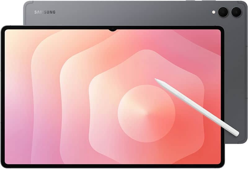 Samsung Galaxy Tab with stylus shown angled, highlighting front display’s pink-peach abstract art, rear camera, and Samsung logo.