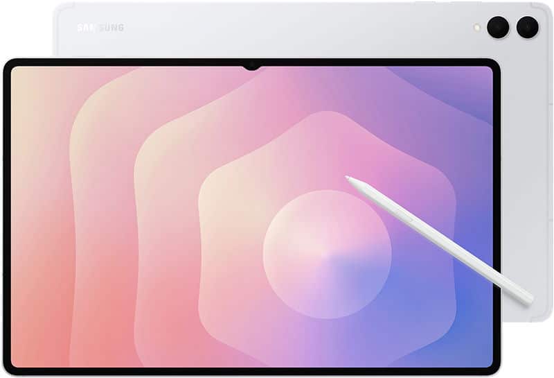 Samsung Galaxy Tab shown front and rear in white, with a white stylus on the screen displaying pastel gradient colors.