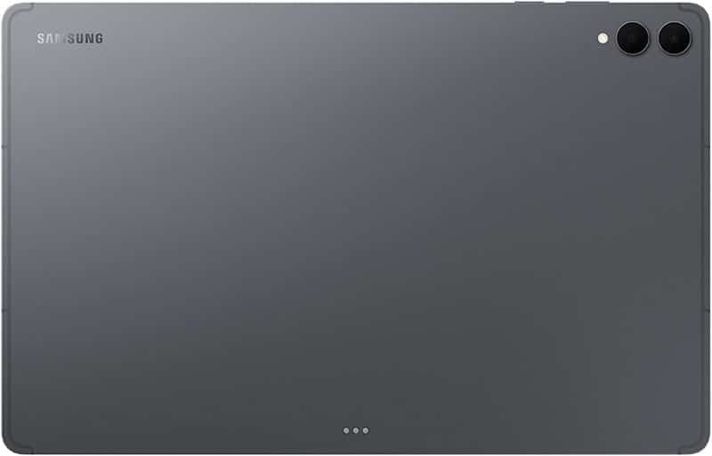 Rear view of Samsung Galaxy Tab shows logo, dual rear cameras (top right), and three connector pins at the bottom edge.