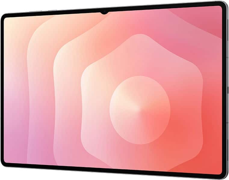 Black tablet with thin bezels, front angled view; screen shows pink, peach, and cream abstract pattern. Brand/model not specified.