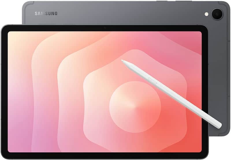 Front and rear view of a gray Samsung tablet with stylus, abstract pink-peach display, and visible Samsung logo on the back.