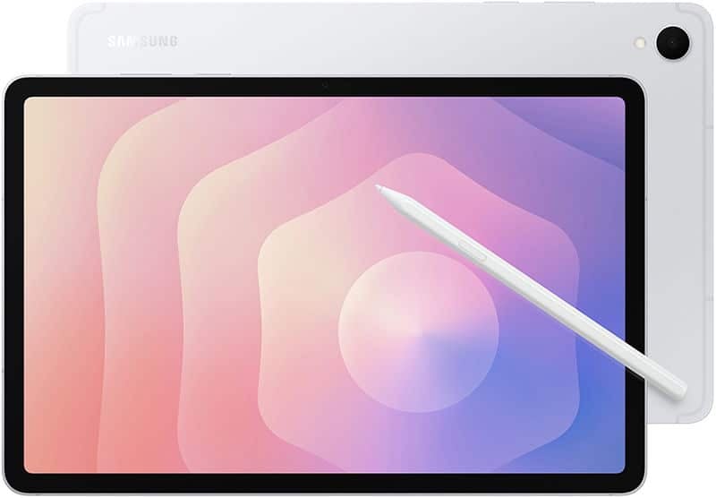 Samsung Galaxy Tab, white, front view with stylus and pink-purple display; rear side also visible behind the main screen.