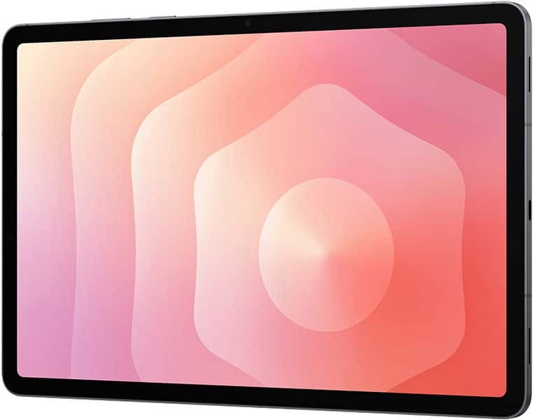 Black-framed tablet, likely iPad, shown from a slightly angled front view with pink and orange abstract pattern on screen.