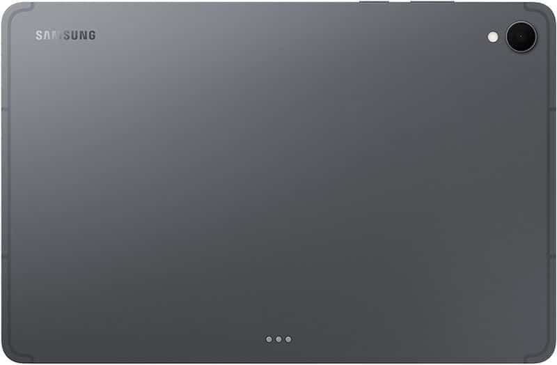 Samsung Galaxy Tab rear view with matte gray finish, single top-right camera, and three connector pins near bottom edge.