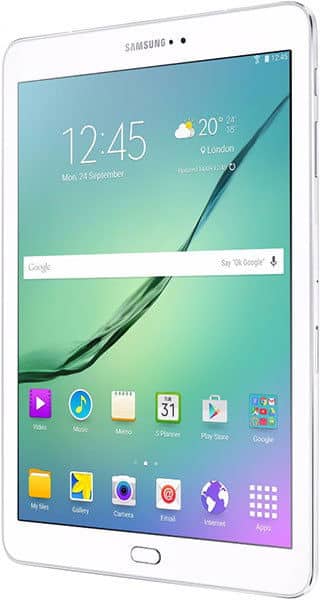 Front view of white Samsung tablet displaying home screen with clock, weather, Google search bar, and standard app icons.