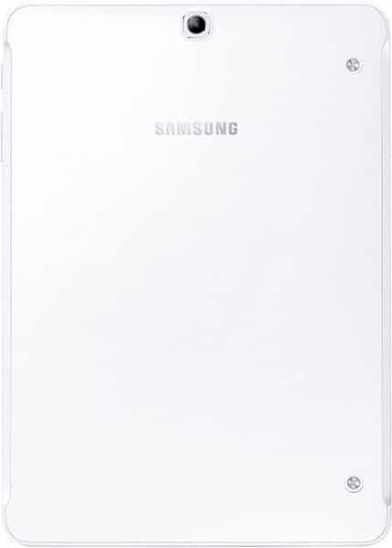 Rear view of white Samsung tablet, likely Galaxy Tab; Samsung logo, top-center camera, and two screws near corners are visible.