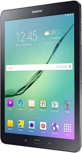 Front view of a black Samsung Galaxy tablet showing home screen with time, weather, date, and common app icons.