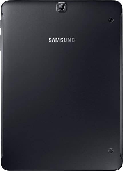 Rear view of Samsung tablet with centered top camera, Samsung logo mid-back, smooth black finish, two screws at corners.