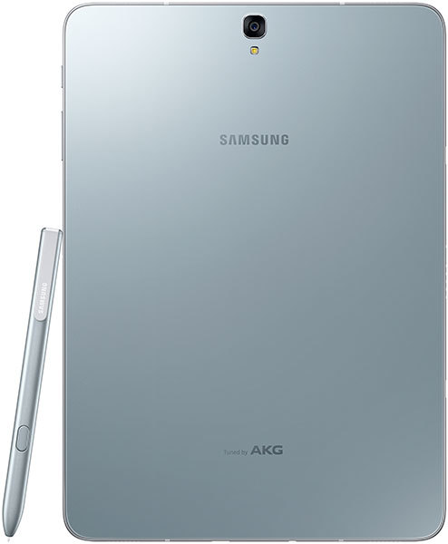 Rear view of silver Samsung Galaxy Tab with top-center camera, S Pen along left edge, and Samsung/AKG branding on back.