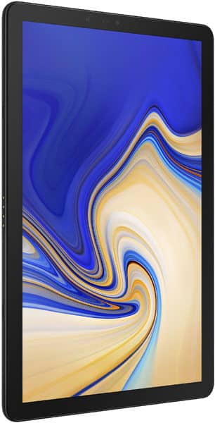 Heavily glitched tablet display showing blue, beige, black, and white zigzags and pixelated lines; brand/model unidentifiable.
