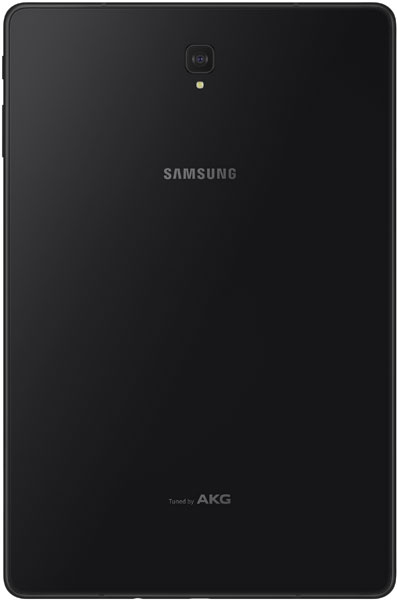 Rear view of black Samsung Galaxy tablet with single camera, flash, centered Samsung logo, and "Tuned by AKG" branding at bottom.