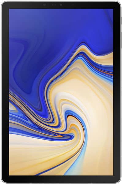 Front view of a tablet with black bezel, screen showing blue, yellow, and white abstract swirl pattern. Brand/model unspecified.