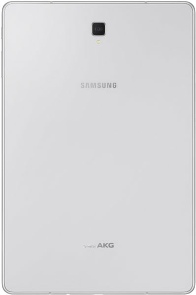 Rear view of silver Samsung Galaxy Tab shows centered logo, rear camera with flash above, and "Tuned by AKG" near the bottom.