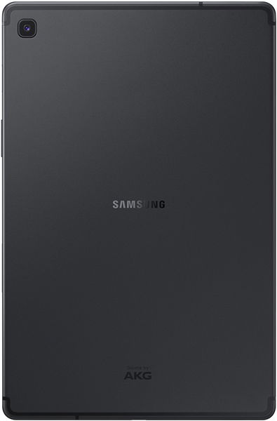 Rear view of black Samsung tablet, likely Galaxy Tab, with top-left camera and centered Samsung and AKG logos on the back.