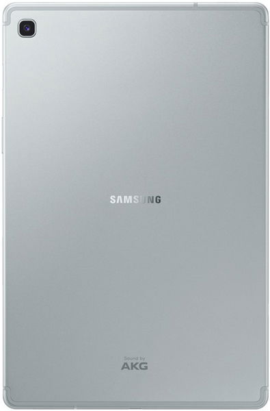 Rear view of silver Samsung Galaxy Tab tablet with single top-left camera and Samsung, AKG logos centered and near bottom.