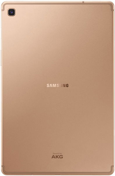 Rear view of a gold Samsung Galaxy Tab, showing center Samsung logo, Sound by AKG label at bottom, and rear camera top left.