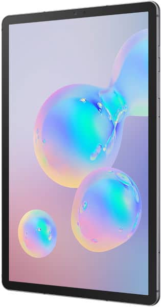 Black tablet with thin bezels, front angled view, displaying pastel gradient wallpaper with three translucent bubbles.