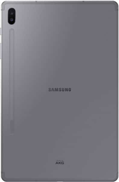 Rear view of metallic gray Samsung tablet with top-left camera and centered Samsung, AKG logos on the back panel.