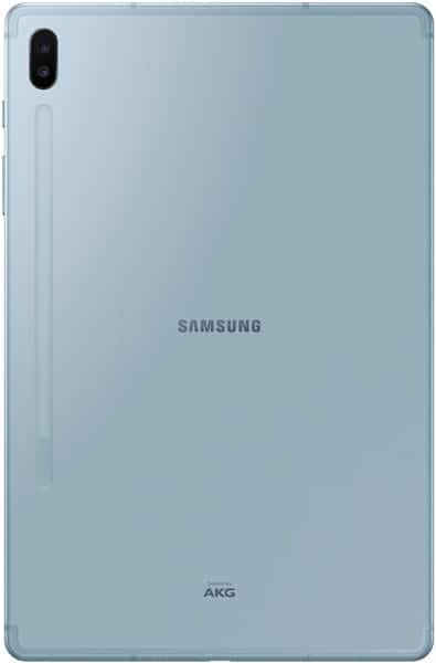 Rear view of a light blue Samsung tablet, rear camera top left, Samsung logo center, “Sound by AKG” near the bottom.