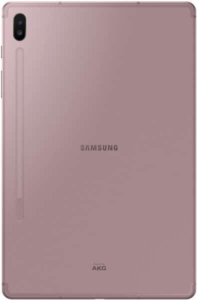 Rear view of pink Samsung tablet with single top-left camera, center Samsung logo, and AKG branding near the bottom edge.