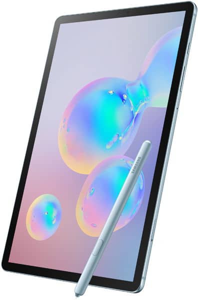 Samsung tablet displayed in angled front view with silver stylus on screen; colorful abstract bubbles on pastel display.