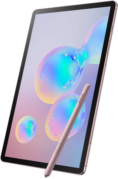 Front view of a Samsung tablet with stylus, showing a vibrant bubble wallpaper on a light gradient background.