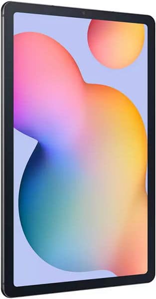 Front view of Samsung Galaxy Tab S6 Lite with black frame, displaying pastel bubble wallpaper on a light purple background.