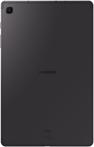 Rear view of black Samsung Galaxy Tab; camera top left, Samsung logo center, AKG logo bottom, sleek flat design.