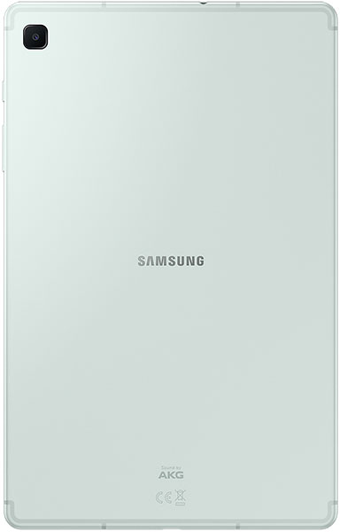 Rear view of silver Samsung Galaxy Tab; rear camera top left, centered Samsung logo, AKG branding and markings at bottom.