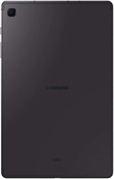 Samsung Galaxy Tab rear view, black finish with center Samsung logo, top-left rear camera, and AKG branding at the bottom.