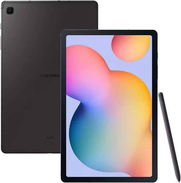 Samsung Galaxy tablet front and rear views with black stylus; display shows vibrant pink, yellow, blue, and orange gradient.